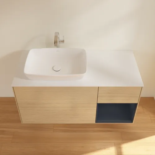 VILLEROY BOCH Toaletní skříňka Finion, s osvětlením, 3 výsuvy, 1200 x 603 x 501 mm, dubová dýha / půlnočně modrý matný lak / bílé matné sklo #F811HGPC, obrázek 4
