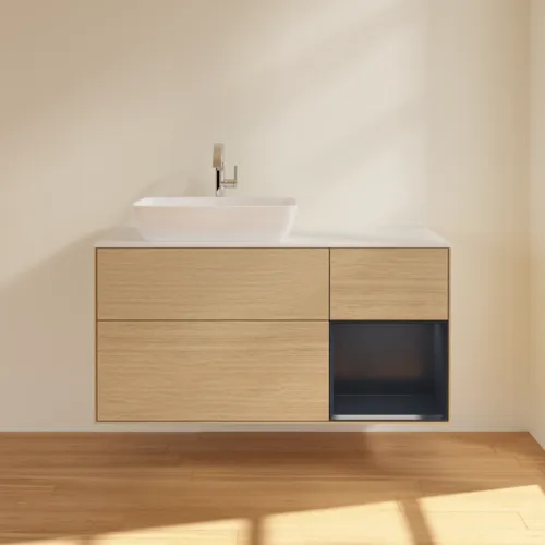 VILLEROY BOCH Toaletní skříňka Finion, s osvětlením, 3 výsuvy, 1200 x 603 x 501 mm, dubová dýha / půlnočně modrý matný lak / bílé matné sklo #F811HGPC, obrázek 3