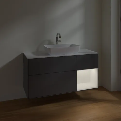 VILLEROY BOCH Toaletní skříňka Finion, s osvětlením, 3 výsuvy, 1200 x 603 x 501 mm, antracitový matný lak / bílý matný lak / bílé matné sklo #F831MTGK, obrázek 5