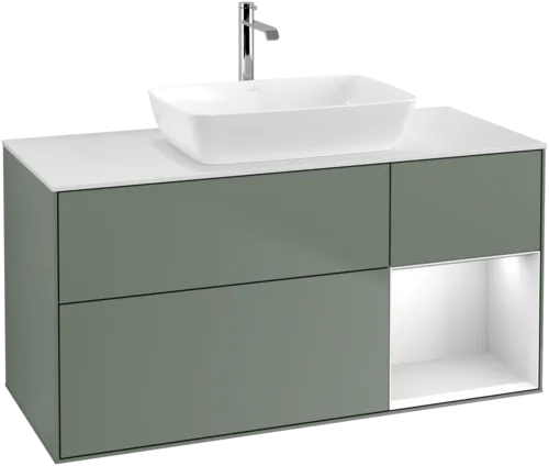 VILLEROY BOCH Toaletní skříňka Finion, s osvětlením, 3 výsuvy, 1200 x 603 x 501 mm, olivový matný lak / bílý matný lak / bílé matné sklo #F831MTGM, obrázek 1