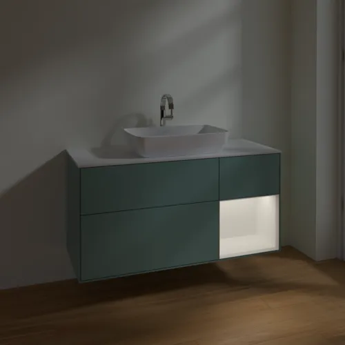 VILLEROY BOCH Toaletní skříňka Finion, s osvětlením, 3 výsuvy, 1200 x 603 x 501 mm, olivový matný lak / bílý matný lak / bílé matné sklo #F831MTGM, obrázek 5