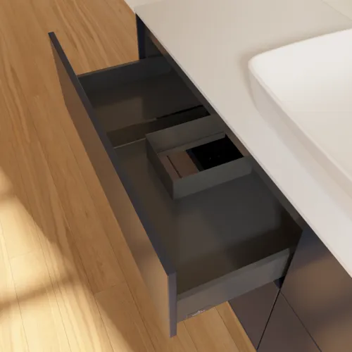 VILLEROY BOCH Toaletní skříňka Finion, 4 výsuvy, 1600 x 603 x 501 mm, půlnočně modrý matný lak / bílé matné sklo #F85100HG, obrázek 7