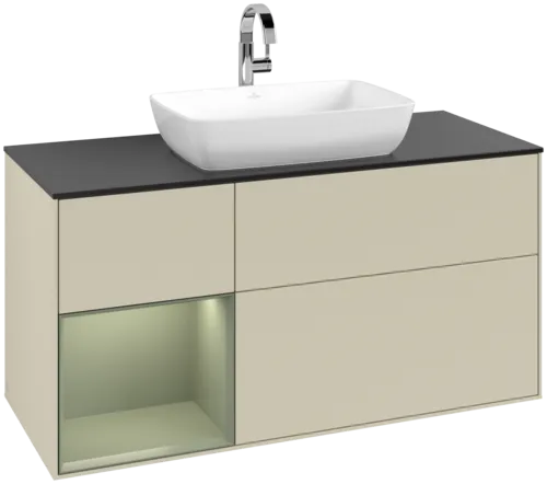 VILLEROY BOCH Toaletní skříňka Finion, s osvětlením, 3 výsuvy, 1200 x 603 x 501 mm, hedvábně šedý matný lak / olivový matný lak / černé matné sklo #F822GMHJ