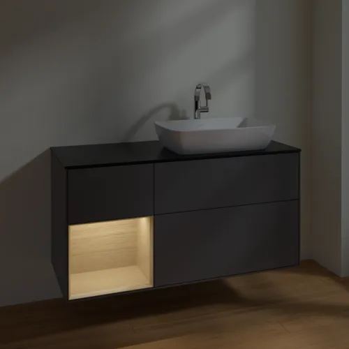 VILLEROY BOCH Toaletní skříňka Finion, s osvětlením, 3 výsuvy, 1200 x 603 x 501 mm, antracitový matný lak / dubová dýha / černé matné sklo #F802PCGK, obrázek 5
