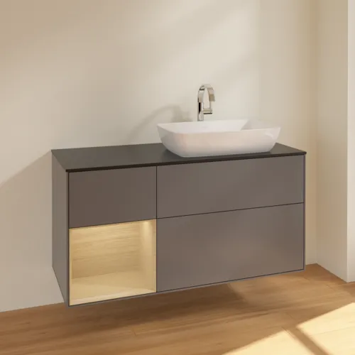 VILLEROY BOCH Toaletní skříňka Finion, s osvětlením, 3 výsuvy, 1200 x 603 x 501 mm, antracitový matný lak / dubová dýha / černé matné sklo #F802PCGK, obrázek 2