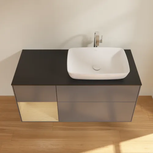 VILLEROY BOCH Toaletní skříňka Finion, s osvětlením, 3 výsuvy, 1200 x 603 x 501 mm, antracitový matný lak / dubová dýha / černé matné sklo #F802PCGK, obrázek 4