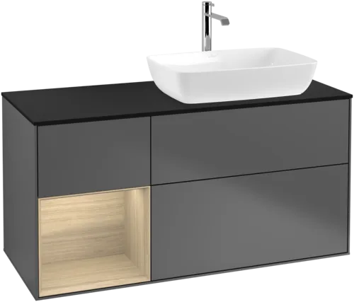 VILLEROY BOCH Toaletní skříňka Finion, s osvětlením, 3 výsuvy, 1200 x 603 x 501 mm, antracitový matný lak / dubová dýha / černé matné sklo #F802PCGK, obrázek 1