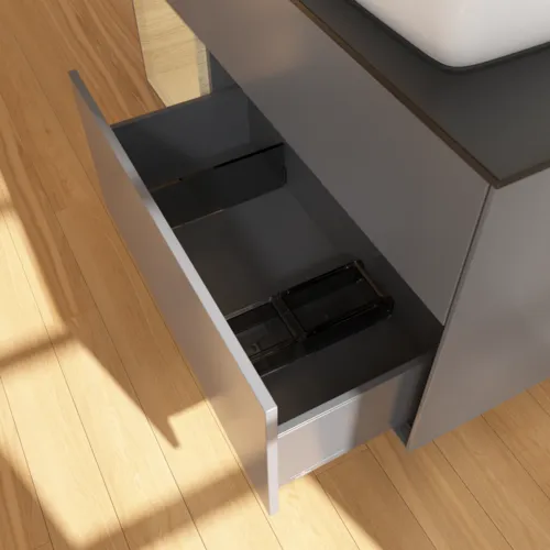 VILLEROY BOCH Toaletní skříňka Finion, s osvětlením, 3 výsuvy, 1200 x 603 x 501 mm, antracitový matný lak / dubová dýha / černé matné sklo #F802PCGK, obrázek 7