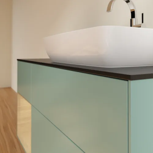 VILLEROY BOCH Toaletní skříňka Finion, s osvětlením, 3 výsuvy, 1200 x 603 x 501 mm, olivový matný lak / dubová dýha / sklo černé matné #F802PCGM, obrázek 6