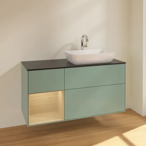 VILLEROY BOCH Toaletní skříňka Finion, s osvětlením, 3 výsuvy, 1200 x 603 x 501 mm, olivový matný lak / dubová dýha / sklo černé matné #F802PCGM, obrázek 2