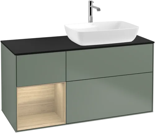 VILLEROY BOCH Toaletní skříňka Finion, s osvětlením, 3 výsuvy, 1200 x 603 x 501 mm, olivový matný lak / dubová dýha / sklo černé matné #F802PCGM, obrázek 1