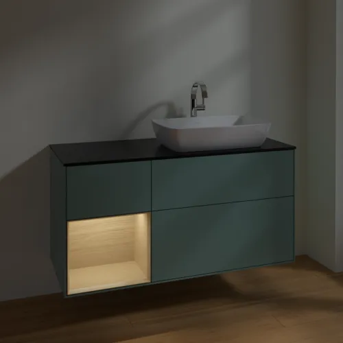 VILLEROY BOCH Toaletní skříňka Finion, s osvětlením, 3 výsuvy, 1200 x 603 x 501 mm, olivový matný lak / dubová dýha / sklo černé matné #F802PCGM, obrázek 5