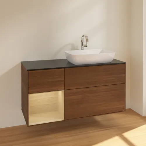 VILLEROY BOCH Toaletní skříňka Finion, s osvětlením, 3 výsuvy, 1200 x 603 x 501 mm, ořechová dýha / dubová dýha / sklo černé matné #F802PCGN, obrázek 2