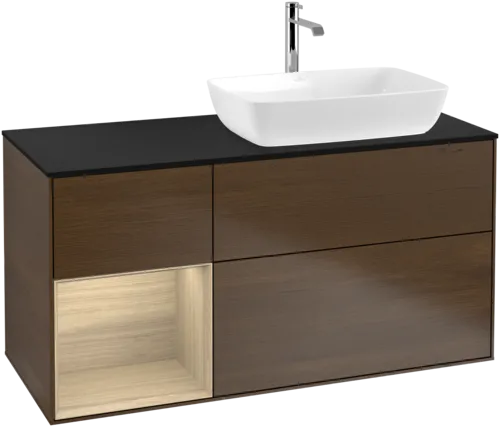 VILLEROY BOCH Toaletní skříňka Finion, s osvětlením, 3 výsuvy, 1200 x 603 x 501 mm, ořechová dýha / dubová dýha / sklo černé matné #F802PCGN, obrázek 1