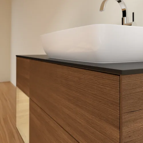 VILLEROY BOCH Toaletní skříňka Finion, s osvětlením, 3 výsuvy, 1200 x 603 x 501 mm, ořechová dýha / dubová dýha / sklo černé matné #F802PCGN, obrázek 6