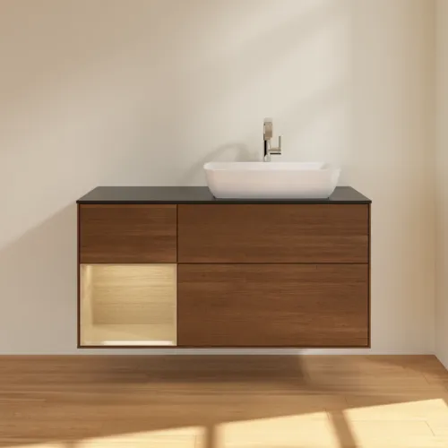 VILLEROY BOCH Toaletní skříňka Finion, s osvětlením, 3 výsuvy, 1200 x 603 x 501 mm, ořechová dýha / dubová dýha / sklo černé matné #F802PCGN, obrázek 3