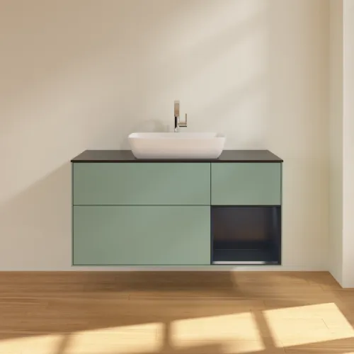 VILLEROY BOCH Toaletní skříňka Finion, s osvětlením, 3 výsuvy, 1200 x 603 x 501 mm, olivový matný lak / půlnoční modrý matný lak / černé matné sklo #F832HGGM, obrázek 3