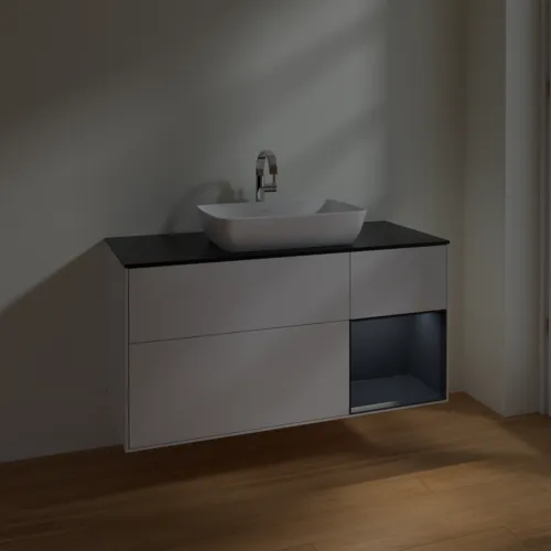 VILLEROY BOCH Toaletní skříňka Finion, s osvětlením, 3 výsuvy, 1200 x 603 x 501 mm, lesklý bílý lak / půlnoční modrý matný lak / černé matné sklo #F832HGGF, obrázek 5