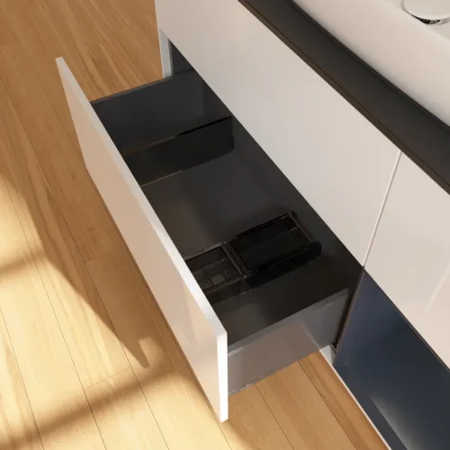 VILLEROY BOCH Toaletní skříňka Finion, s osvětlením, 3 výsuvy, 1200 x 603 x 501 mm, lesklý bílý lak / půlnoční modrý matný lak / černé matné sklo #F832HGGF, obrázek 7