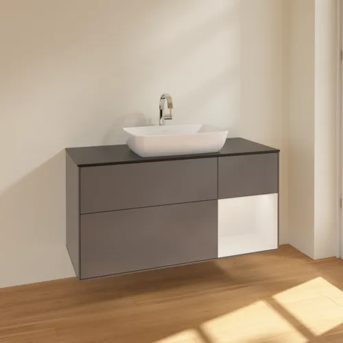 VILLEROY BOCH Toaletní skříňka Finion, s osvětlením, 3 výsuvy, 1200 x 603 x 501 mm, antracitový matný lak / lesklý bílý lak / černé matné sklo #F832GFGK, obrázek 2