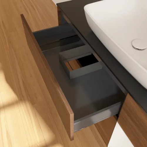 VILLEROY BOCH Toaletní skříňka Finion, s osvětlením, 3 výsuvy, 1200 x 603 x 501 mm, ořechová dýha / lesklý bílý lak / sklo černé matné #F832GFGN, obrázek 8