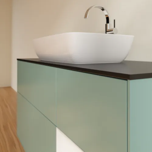 VILLEROY BOCH Toaletní skříňka Finion, s osvětlením, 3 výsuvy, 1200 x 603 x 501 mm, olivový matný lak / lesklý bílý lak / sklo černé matné #F832GFGM, obrázek 6