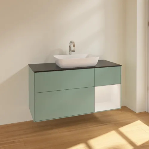 VILLEROY BOCH Toaletní skříňka Finion, s osvětlením, 3 výsuvy, 1200 x 603 x 501 mm, olivový matný lak / lesklý bílý lak / sklo černé matné #F832GFGM, obrázek 2