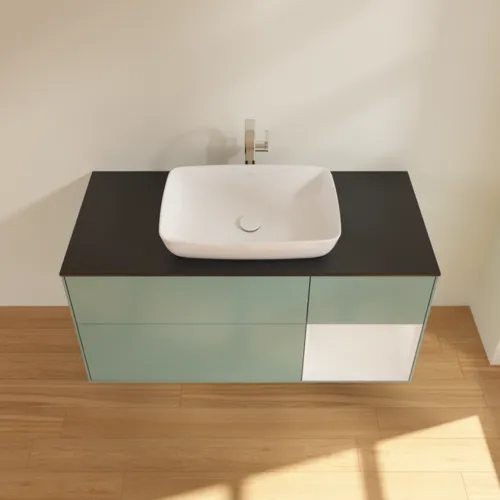 VILLEROY BOCH Toaletní skříňka Finion, s osvětlením, 3 výsuvy, 1200 x 603 x 501 mm, olivový matný lak / lesklý bílý lak / sklo černé matné #F832GFGM, obrázek 4