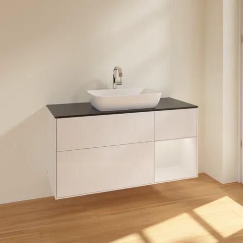 VILLEROY BOCH Toaletní skříňka Finion, s osvětlením, 3 výsuvy, 1200 x 603 x 501 mm, lesklý bílý lak / lesklý bílý lak / sklo černé matné #F832GFGF, obrázek 2