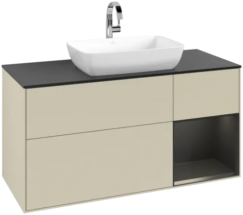 VILLEROY BOCH Toaletní skříňka Finion, s osvětlením, 3 výsuvy, 1200 x 603 x 501 mm, hedvábně šedý matný lak / černý matný lak / černé matné sklo #F832PDHJ