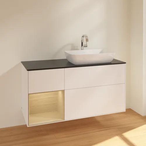 VILLEROY BOCH Toaletní skříňka Finion, s osvětlením, 3 výsuvy, 1200 x 603 x 501 mm, bílý matný lak / dubová dýha / černé matné sklo #F802PCMT, obrázek 2