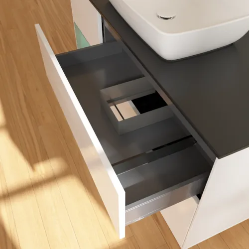 VILLEROY BOCH Toaletní skříňka Finion, s osvětlením, 3 výsuvy, 1200 x 603 x 501 mm, lesklý bílý lak / olivově matný lak / černé matné sklo #F822GMGF, obrázek 8
