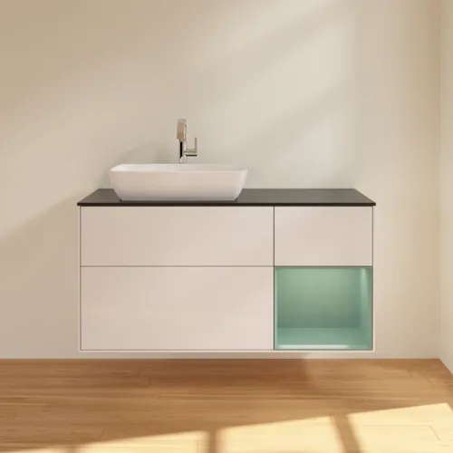 VILLEROY BOCH Toaletní skříňka Finion, s osvětlením, 3 výsuvy, 1200 x 603 x 501 mm, lesklý bílý lak / olivově matný lak / černé matné sklo #F812GMGF, obrázek 3