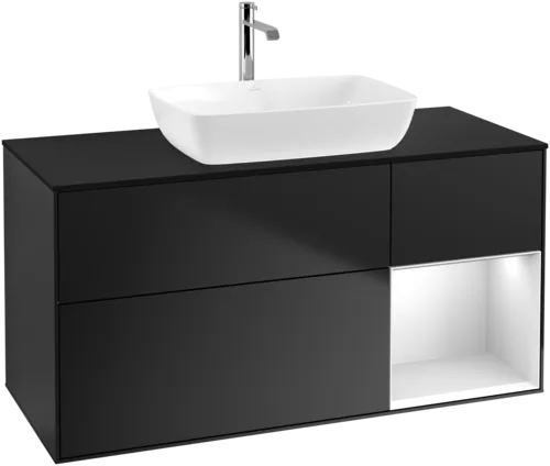 VILLEROY BOCH Toaletní skříňka Finion, s osvětlením, 3 výsuvy, 1200 x 603 x 501 mm, černý matný lak / bílý matný lak / černé matné sklo #F832MTPD, obrázek 1
