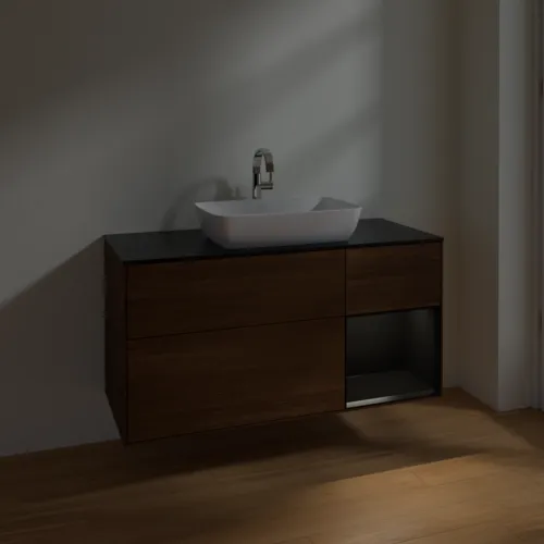 VILLEROY BOCH Toaletní skříňka Finion, s osvětlením, 3 výsuvy, 1200 x 603 x 501 mm, ořechová dýha / černý matný lak / černé matné sklo #F832PDGN, obrázek 5