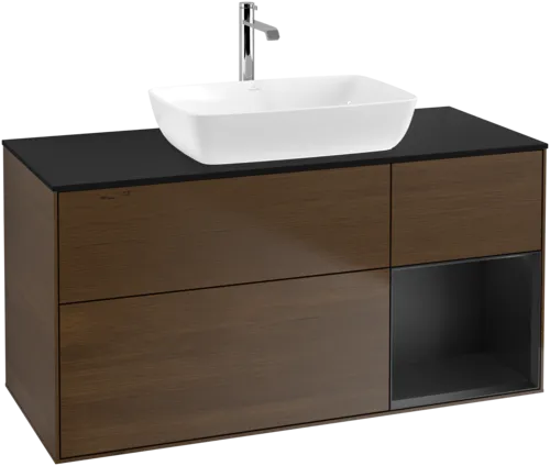 VILLEROY BOCH Toaletní skříňka Finion, s osvětlením, 3 výsuvy, 1200 x 603 x 501 mm, ořechová dýha / černý matný lak / černé matné sklo #F832PDGN, obrázek 1