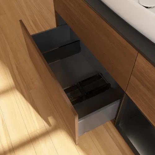 VILLEROY BOCH Toaletní skříňka Finion, s osvětlením, 3 výsuvy, 1200 x 603 x 501 mm, ořechová dýha / černý matný lak / černé matné sklo #F832PDGN, obrázek 7