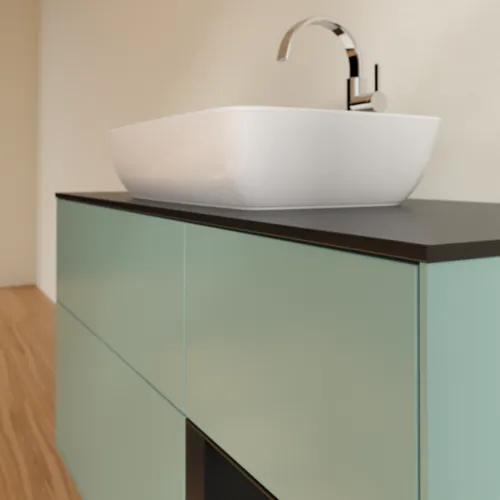 VILLEROY BOCH Toaletní skříňka Finion, s osvětlením, 3 výsuvy, 1200 x 603 x 501 mm, olivový matný lak / černý matný lak / černé matné sklo #F832PDGM, obrázek 6