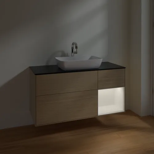 VILLEROY BOCH Toaletní skříňka Finion, s osvětlením, 3 výsuvy, 1200 x 603 x 501 mm, dubová dýha / bílý matný lak / černé matné sklo #F832MTPC, obrázek 5