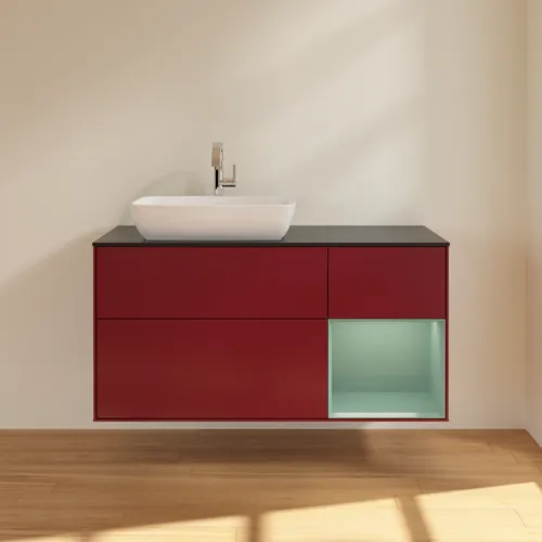 VILLEROY BOCH Toaletní skříňka Finion, s osvětlením, 3 výsuvy, 1200 x 603 x 501 mm, Pivoňka matný lak / Olivový matný lak / Sklo černé matné #F812GMHB, obrázek 3