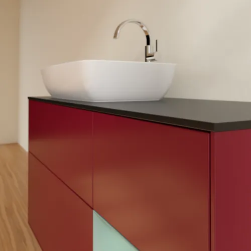 VILLEROY BOCH Toaletní skříňka Finion, s osvětlením, 3 výsuvy, 1200 x 603 x 501 mm, Pivoňka matný lak / Olivový matný lak / Sklo černé matné #F812GMHB, obrázek 6