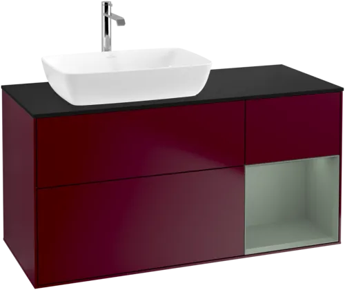 VILLEROY BOCH Toaletní skříňka Finion, s osvětlením, 3 výsuvy, 1200 x 603 x 501 mm, Pivoňka matný lak / Olivový matný lak / Sklo černé matné #F812GMHB, obrázek 1