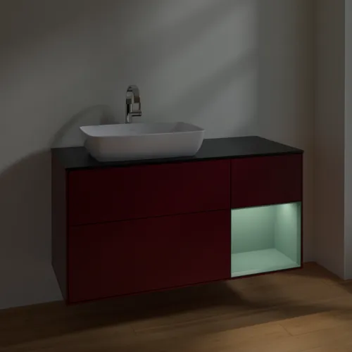 VILLEROY BOCH Toaletní skříňka Finion, s osvětlením, 3 výsuvy, 1200 x 603 x 501 mm, Pivoňka matný lak / Olivový matný lak / Sklo černé matné #F812GMHB, obrázek 5