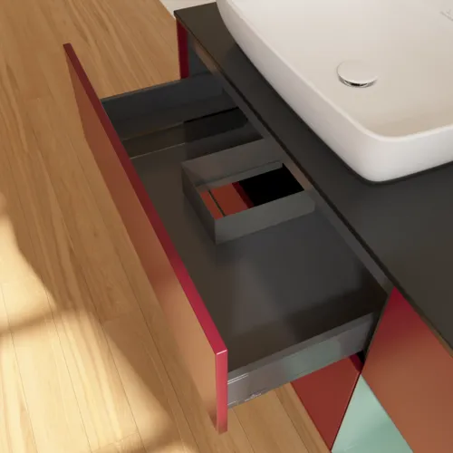 VILLEROY BOCH Toaletní skříňka Finion, s osvětlením, 3 výsuvy, 1200 x 603 x 501 mm, Pivoňka matný lak / Olivový matný lak / Sklo černé matné #F812GMHB, obrázek 8