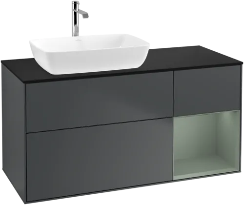 VILLEROY BOCH Toaletní skříňka Finion, s osvětlením, 3 výsuvy, 1200 x 603 x 501 mm, Midnight Blue Matt Lacquer / Olive Matt Lacquer / Glass Black Matt #F812GMHG