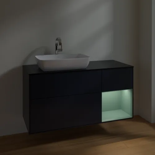 VILLEROY BOCH Toaletní skříňka Finion, s osvětlením, 3 výsuvy, 1200 x 603 x 501 mm, Midnight Blue Matt Lacquer / Olive Matt Lacquer / Glass Black Matt #F812GMHG, obrázek 5