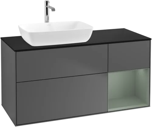 VILLEROY BOCH Toaletní skříňka Finion, s osvětlením, 3 výsuvy, 1200 x 603 x 501 mm, antracitový matný lak / olivový matný lak / černé matné sklo #F812GMGK, obrázek 1
