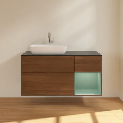 VILLEROY BOCH Toaletní skříňka Finion, s osvětlením, 3 výsuvy, 1200 x 603 x 501 mm, ořechová dýha / olivově matný lak / sklo černé matné #F812GMGN, obrázek 3