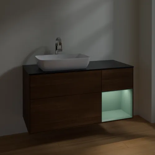 VILLEROY BOCH Toaletní skříňka Finion, s osvětlením, 3 výsuvy, 1200 x 603 x 501 mm, ořechová dýha / olivově matný lak / sklo černé matné #F812GMGN, obrázek 5