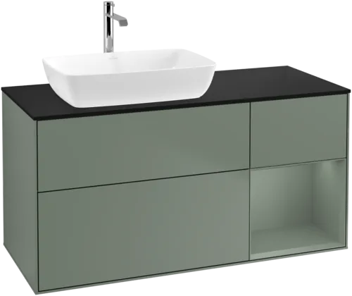 VILLEROY BOCH Toaletní skříňka Finion, s osvětlením, 3 výsuvy, 1200 x 603 x 501 mm, olivově matný lak / olivově matný lak / sklo černé matné #F812GMGM
